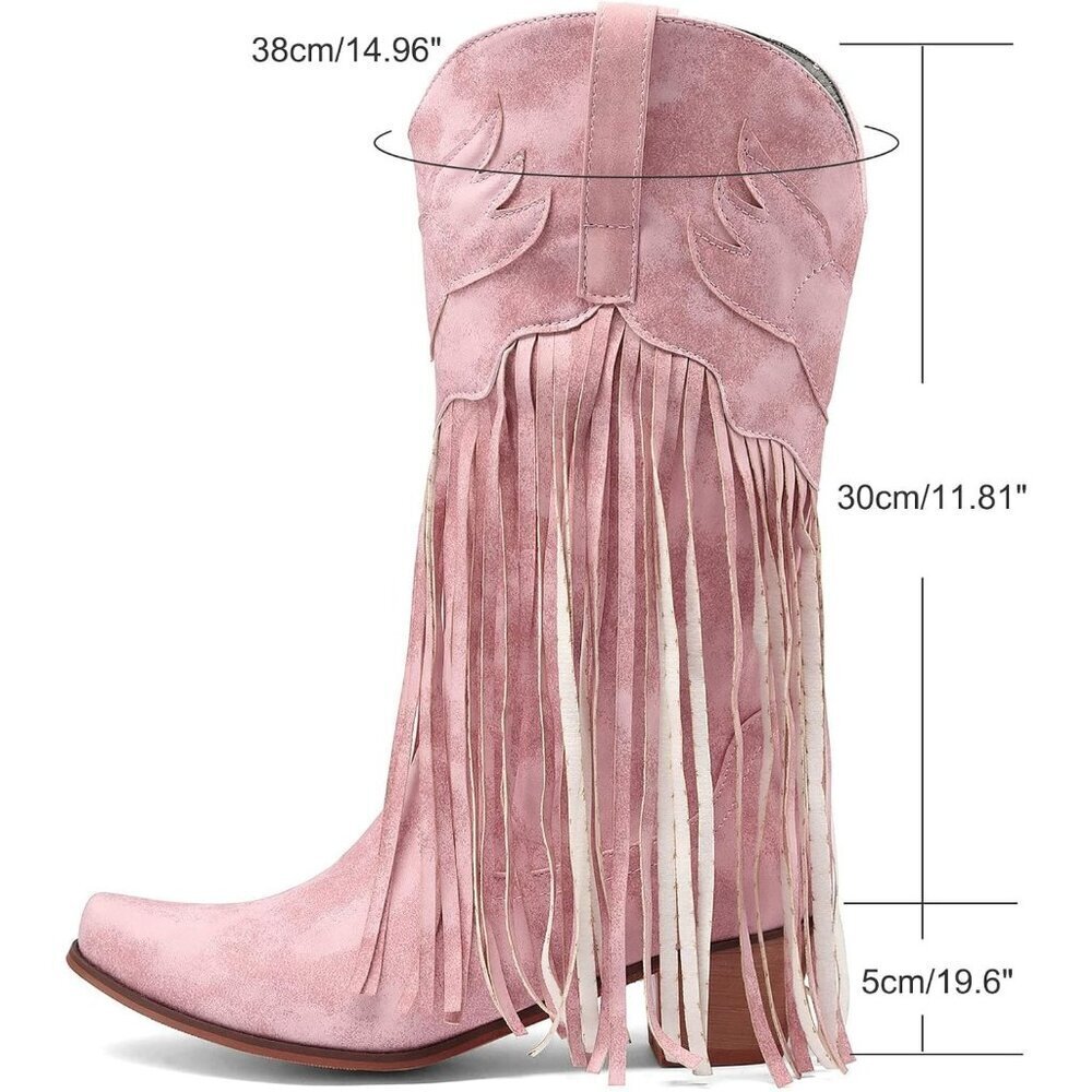 Women's Pink Fringe Cowboy Boots Square Toe Mid Calf Embroidered Western Boots - Picture 2 of 7